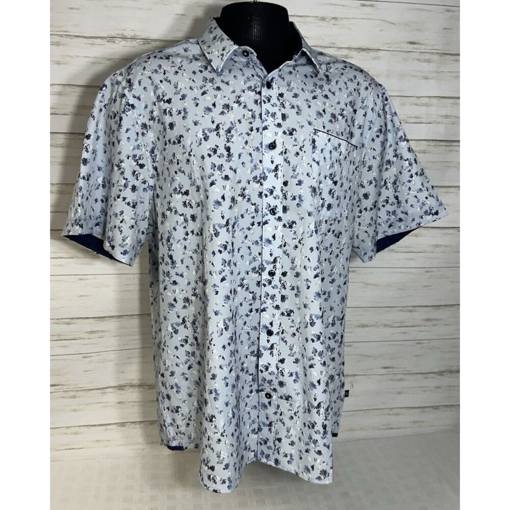 7 DIAMONDS Give Me Love 4 Way Stretch Woven Men Button Shirt XXL 2XL Blue Flower